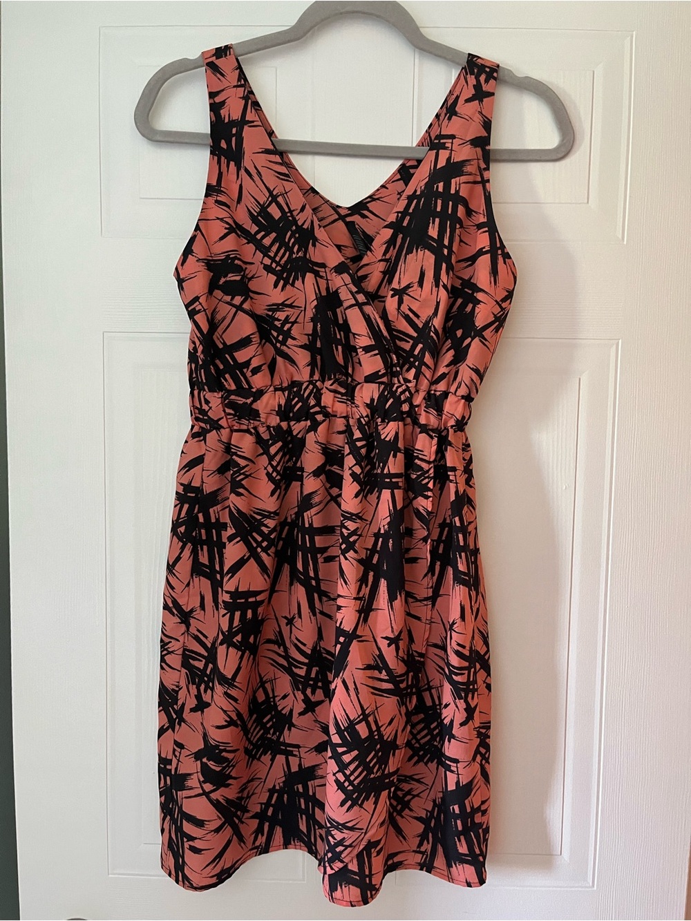 Coral and Black Abstract Wrap-Style Dress